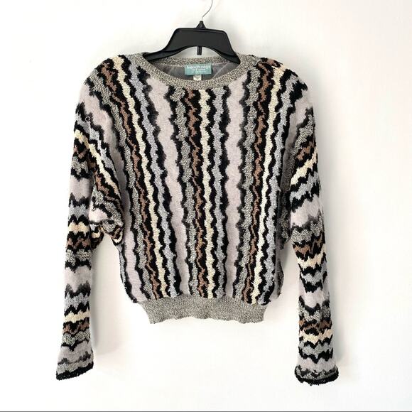 Vintage French Rags Hand Loomed Gray Angora Blend Zigzag Dolman Sweater Medium